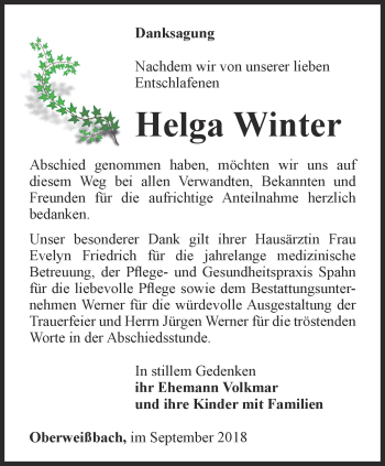 Traueranzeige von Helga Winter von Ostthüringer Zeitung