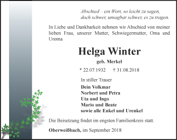 Traueranzeige von Helga Winter von Ostthüringer Zeitung