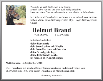 Traueranzeige von Helmut Brand von Thüringer Allgemeine, Thüringische Landeszeitung