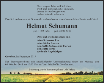 Traueranzeige von Helmut Schumann von Thüringer Allgemeine