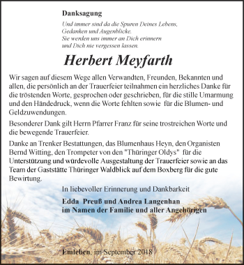 Traueranzeige von Herbert Meyfarth von Ostthüringer Zeitung, Thüringische Landeszeitung