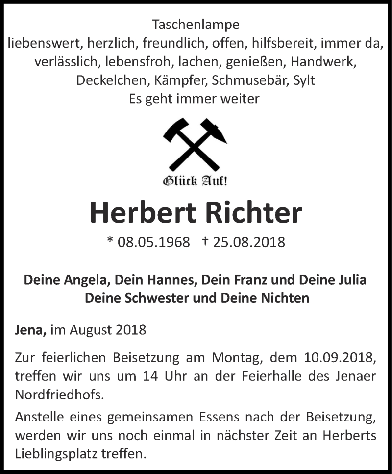  Traueranzeige für Herbert Richter vom 01.09.2018 aus Ostthüringer Zeitung, Thüringische Landeszeitung