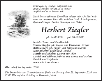 Traueranzeige von Herbert Ziegler von Ostthüringer Zeitung