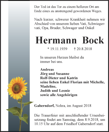 Traueranzeige von Hermann Bock von Thüringer Allgemeine, Thüringische Landeszeitung