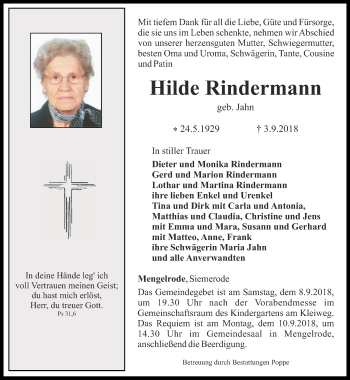 Traueranzeige von Hilde Rindermann von Thüringer Allgemeine