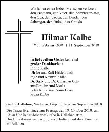 Traueranzeige von Hilmar Kalbe von Ostthüringer Zeitung, Thüringische Landeszeitung