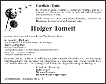 Traueranzeige von Holger Tomeit von Thüringer Allgemeine