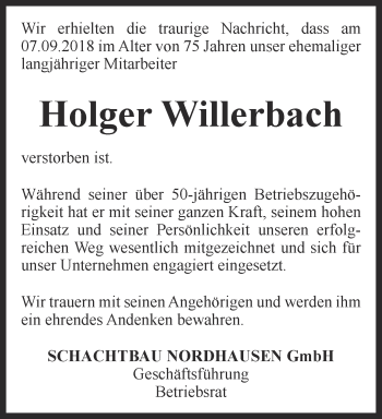Traueranzeige von Holger Willerbach von Thüringer Allgemeine