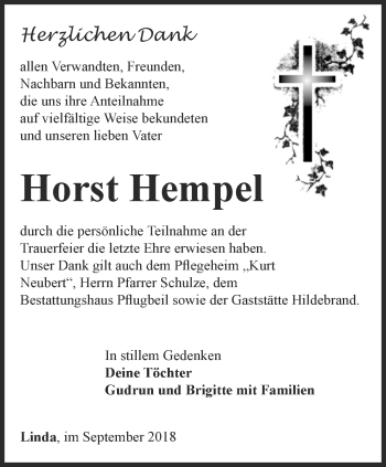 Traueranzeige von Horst Hempel von Ostthüringer Zeitung