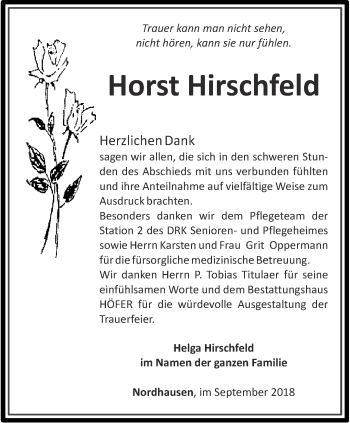 Traueranzeige von Horst Hirschfeld von Thüringer Allgemeine