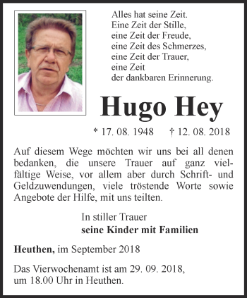 Traueranzeige von Hugo Hey von Thüringer Allgemeine