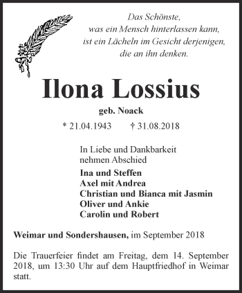 Traueranzeige von Ilona Lossius von Thüringer Allgemeine