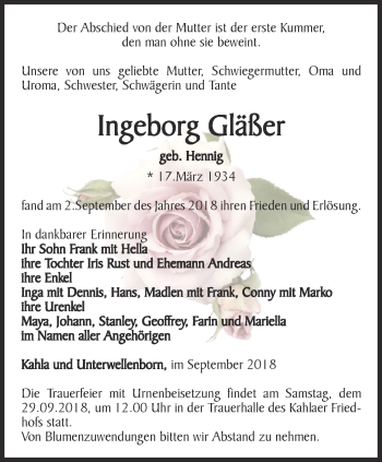 Traueranzeige von Ingeborg Gläßer von Ostthüringer Zeitung, Thüringische Landeszeitung