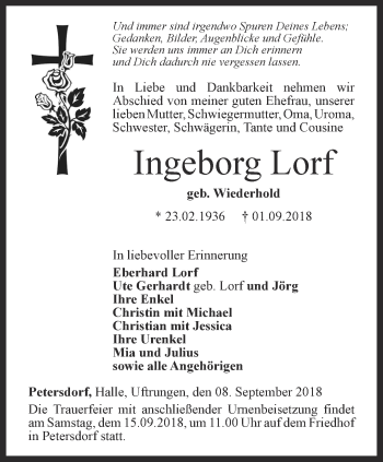 Traueranzeige von Ingeborg Lorf von Thüringer Allgemeine