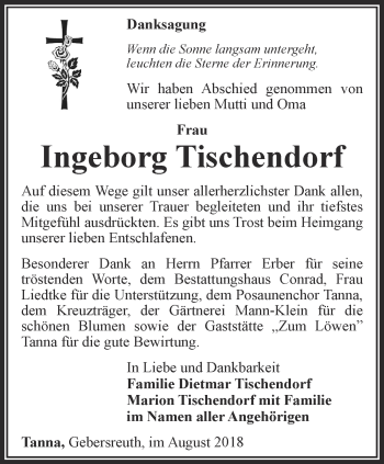 Traueranzeige von Ingeborg Tischendorf von Ostthüringer Zeitung