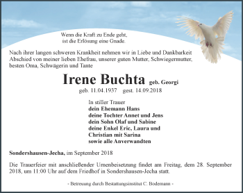 Traueranzeige von Irene Buchta von Thüringer Allgemeine