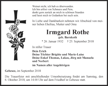 Traueranzeige von Irmgard Rothe von Thüringer Allgemeine, Thüringische Landeszeitung