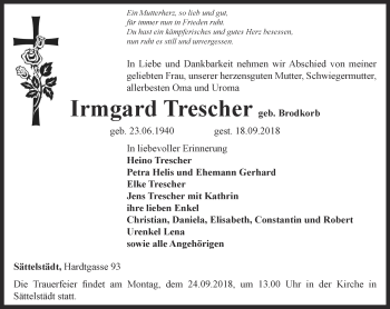 Traueranzeige von Irmgard Trescher von Thüringer Allgemeine, Thüringische Landeszeitung