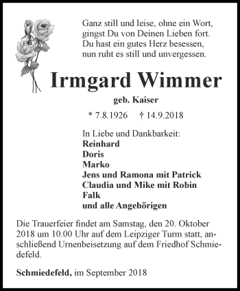 Traueranzeige von Irmgard Wimmer von Ostthüringer Zeitung