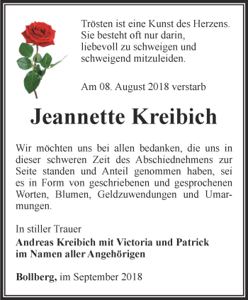 Traueranzeige von Jeanette Kreibich von Ostthüringer Zeitung