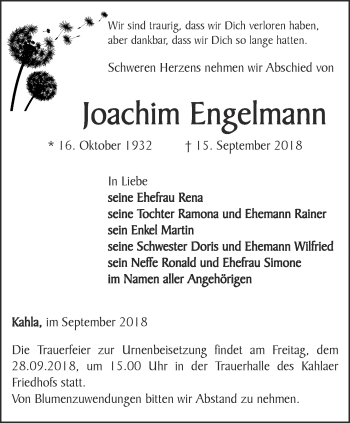 Traueranzeige von Joachim Engelmann von Ostthüringer Zeitung, Thüringische Landeszeitung