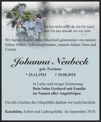 Traueranzeige von Johanna Neubeck von Ostthüringer Zeitung