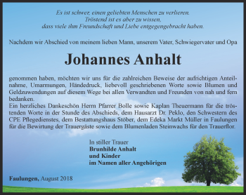 Traueranzeige von Johannes Anhalt von Thüringer Allgemeine, Thüringische Landeszeitung