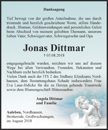 Traueranzeige von Jonas Dittmar von Thüringer Allgemeine