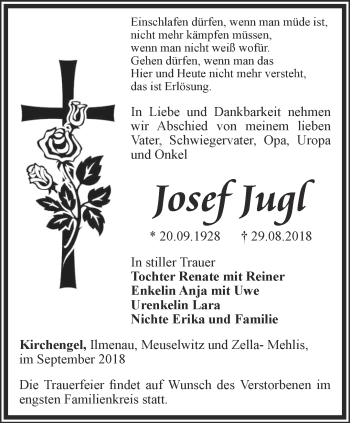 Traueranzeige von Josef Jugl von Thüringer Allgemeine