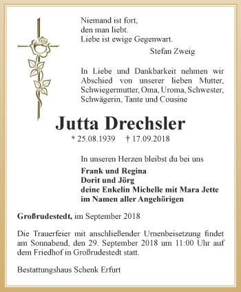 Traueranzeige von Jutta Drechsler von Thüringer Allgemeine, Thüringische Landeszeitung