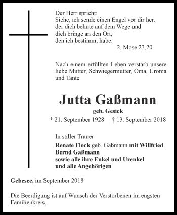 Traueranzeige von Jutta Gaßmann von Thüringer Allgemeine, Thüringische Landeszeitung