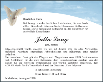 Traueranzeige von Jutta Lang von Thüringer Allgemeine, Thüringische Landeszeitung