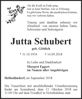 Traueranzeige von Jutta Schubert von Thüringer Allgemeine