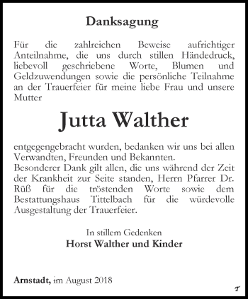Traueranzeige von Jutta Walther von Thüringer Allgemeine