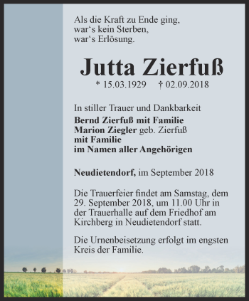 Traueranzeige von Jutta Zierfuß von Thüringer Allgemeine, Thüringische Landeszeitung