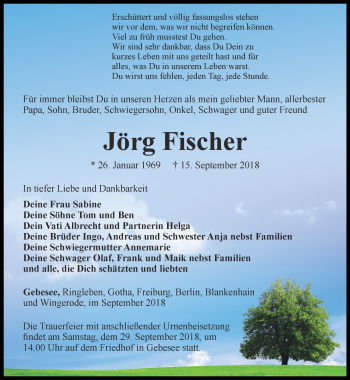 Traueranzeige von Jörg Fischer von Thüringer Allgemeine, Thüringische Landeszeitung
