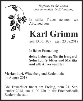 Traueranzeige von Karl Grimm von Ostthüringer Zeitung