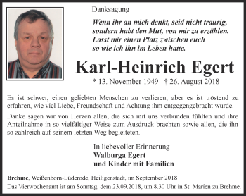 Traueranzeige von Karl-Heinrich Egert von Thüringer Allgemeine