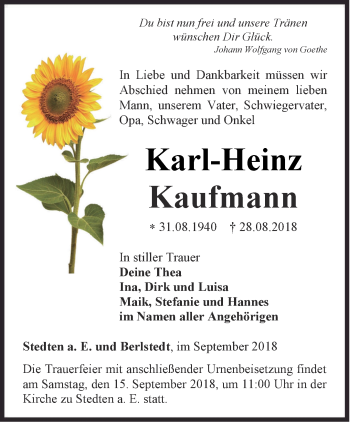 Traueranzeige von Karl-Heinz Kaufmann von Thüringer Allgemeine, Thüringische Landeszeitung