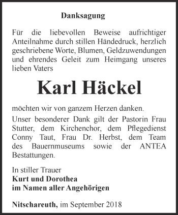 Traueranzeige von Karl Häckel von Ostthüringer Zeitung