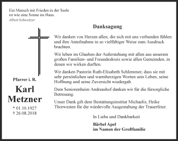 Traueranzeige von Karl Metzner von Thüringer Allgemeine, Thüringische Landeszeitung