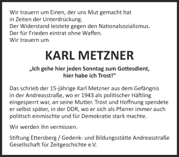 Traueranzeige von Karl Metzner von Thüringer Allgemeine, Thüringische Landeszeitung