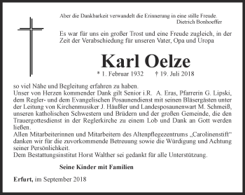 Traueranzeige von Karl Oelze von Thüringer Allgemeine, Thüringische Landeszeitung