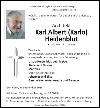 Traueranzeige von Karl Albert Heidenblut von Thüringer Allgemeine