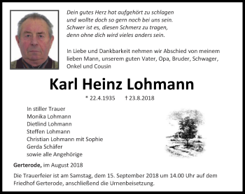 Traueranzeige von Karl Heinz Lohmann von Thüringer Allgemeine