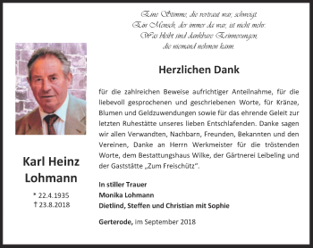 Traueranzeige von Karl Heinz Lohmann von Thüringer Allgemeine