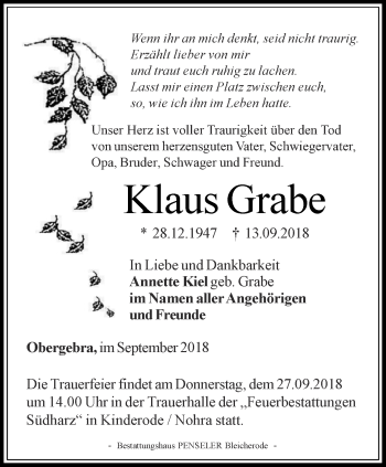 Traueranzeige von Klaus Grabe von Thüringer Allgemeine