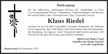 Traueranzeige von Klaus Riedel von Ostthüringer Zeitung