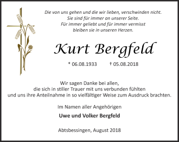 Traueranzeige von Kurt Bergfeld von Thüringer Allgemeine, Thüringische Landeszeitung