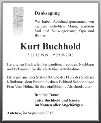 Traueranzeige von Kurt Buchhold von Thüringer Allgemeine